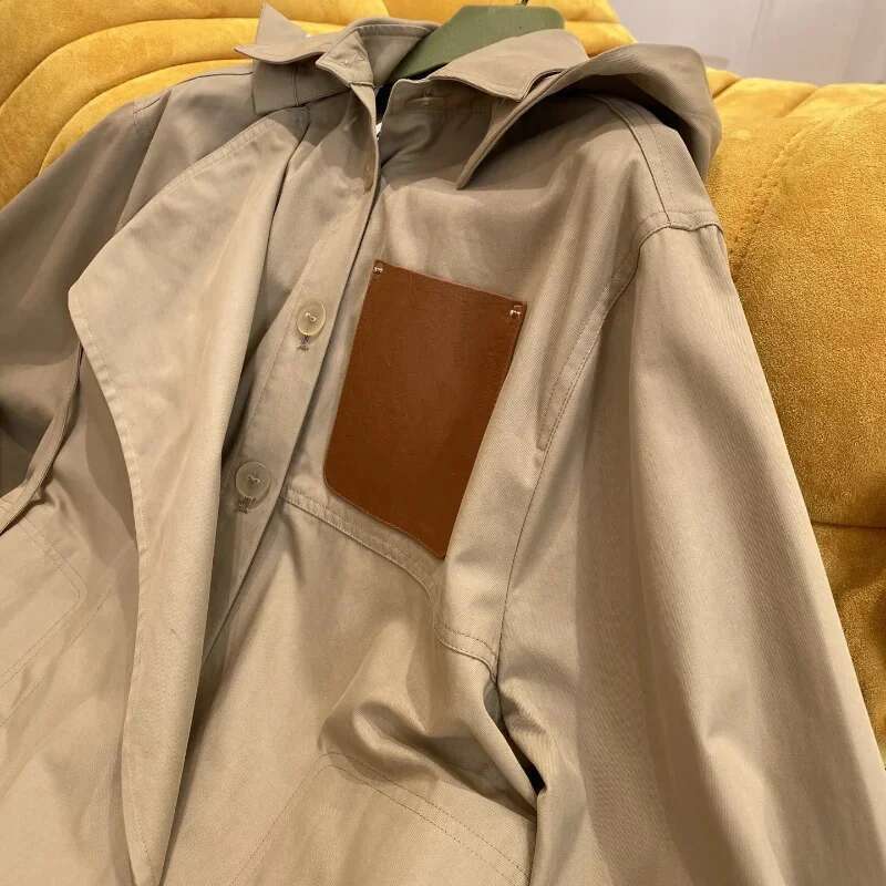 Autumn Winter Fashion Trench Leather Label Letter Hooded Windbreaker Woman Loose Jacket Windproof Coat Ladies Outderwear