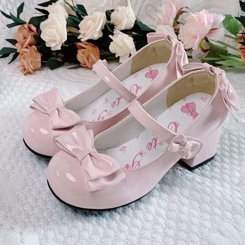 2024Lolita Style Cute Round Head Jane Pumps With Bow Women's Sweet Party Dress Midi Heels Shoes Fashion PU Sandals