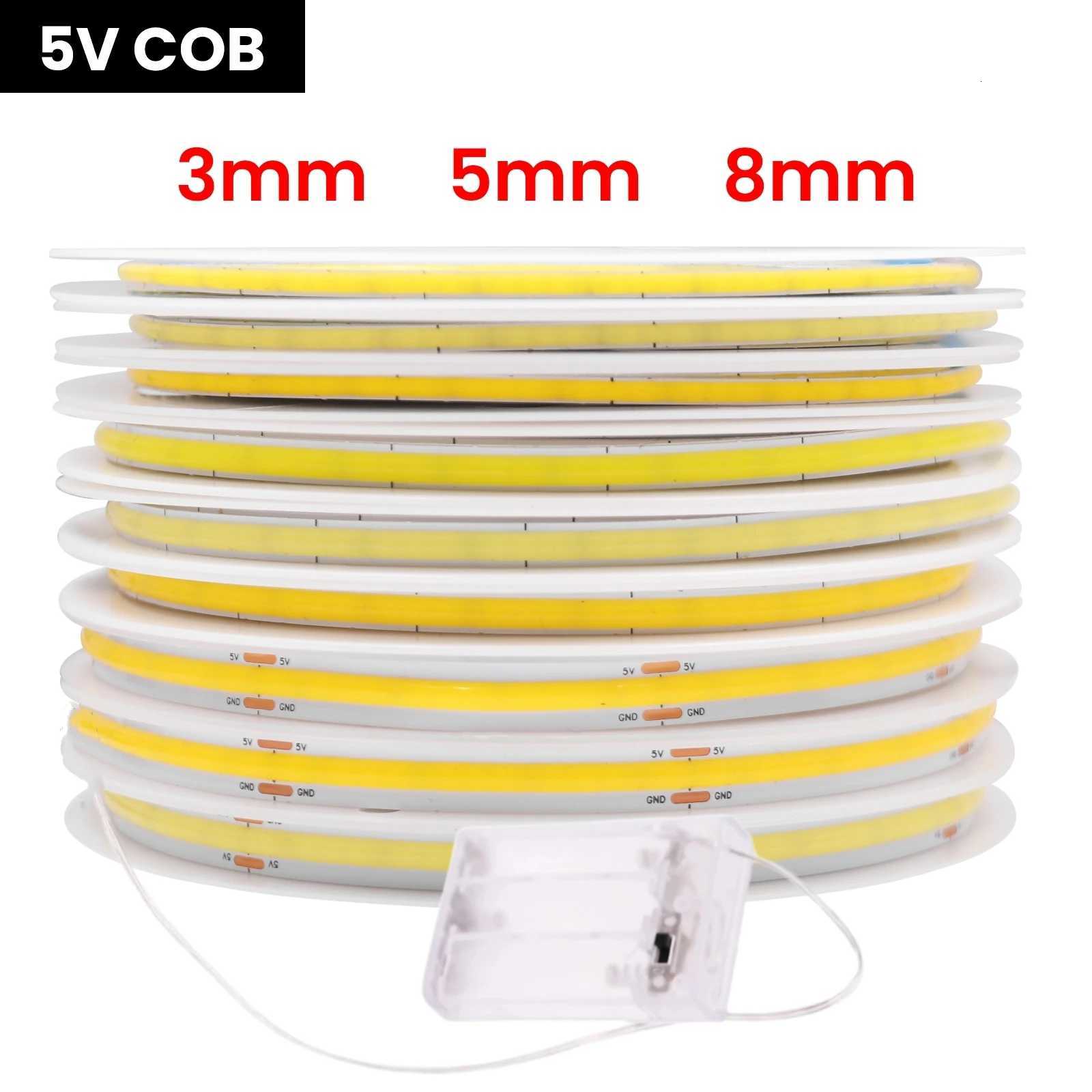 AA Battery Box 5V COB LED Strip 3MM 5MM 8MM 320LEDs/M High Density Flexible RA90 3000K 4000K 6000K FOB Tape Rope Night Lights W251112