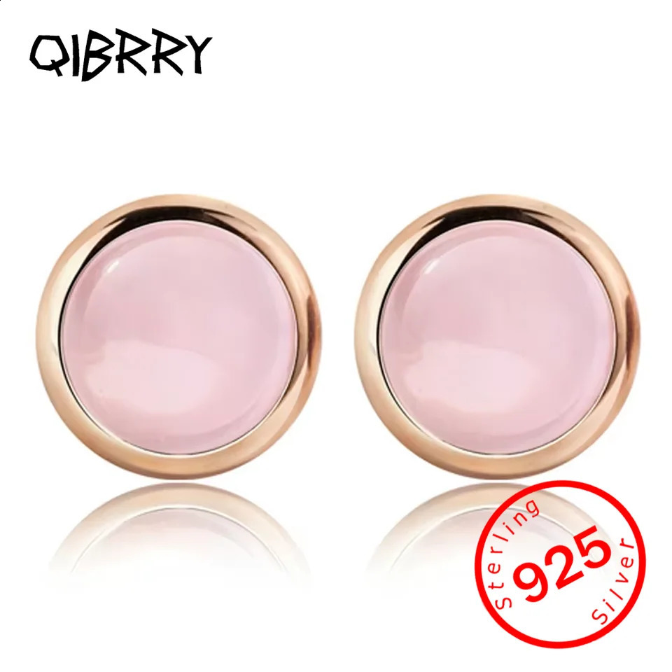 Wholesale Fashion Jewelry Crystal Pink Natural Plush Stone Rose Quartz 925 Pure Silver Round Stud Earrings 250409