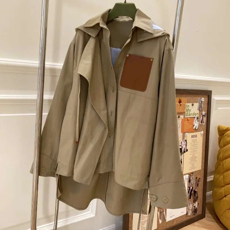 Autumn Winter Fashion Trench Leather Label Letter Hooded Windbreaker Woman Loose Jacket Windproof Coat Ladies Outderwear