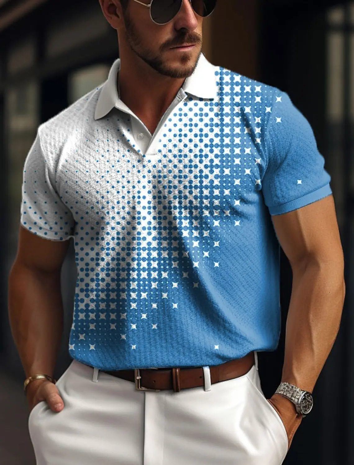 Mens polo shirt with buttons polo collar golf shirt plain weave pattern geometric street casual mesh fabric short sleeved 250409