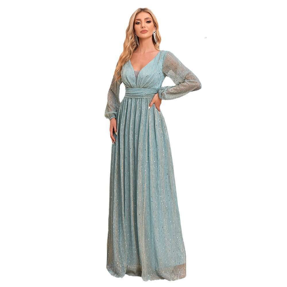 Designer New Women's Bright And Sparkling Pleated Elastic Perspective Long Sleeved V-Neck A Large Swing Skirt With Full Lining Elegant Evening Dr