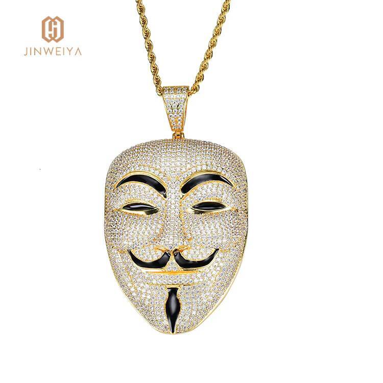 JWY Custom 18K Gold Plated Brass CZ Vendetta Smile Face Hip Hop Rap Man Pendant Necklace with Zircon Main Stone