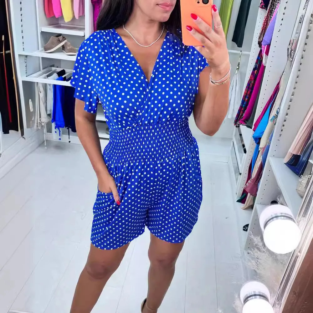 Fashion Vneck short sleeved polka dot jumpsuit womens 2025 summer set casual elastic waist Playsit onepiece 250411
