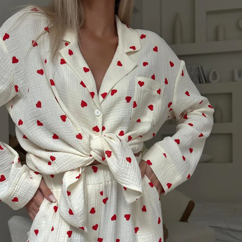 Summer Love Heart Print Pyjama 100% Cotton Long Sleeve Set 2Pcs Outfit Lapel Sleepwear Button Down Womens Pajamas Nightwear 250409