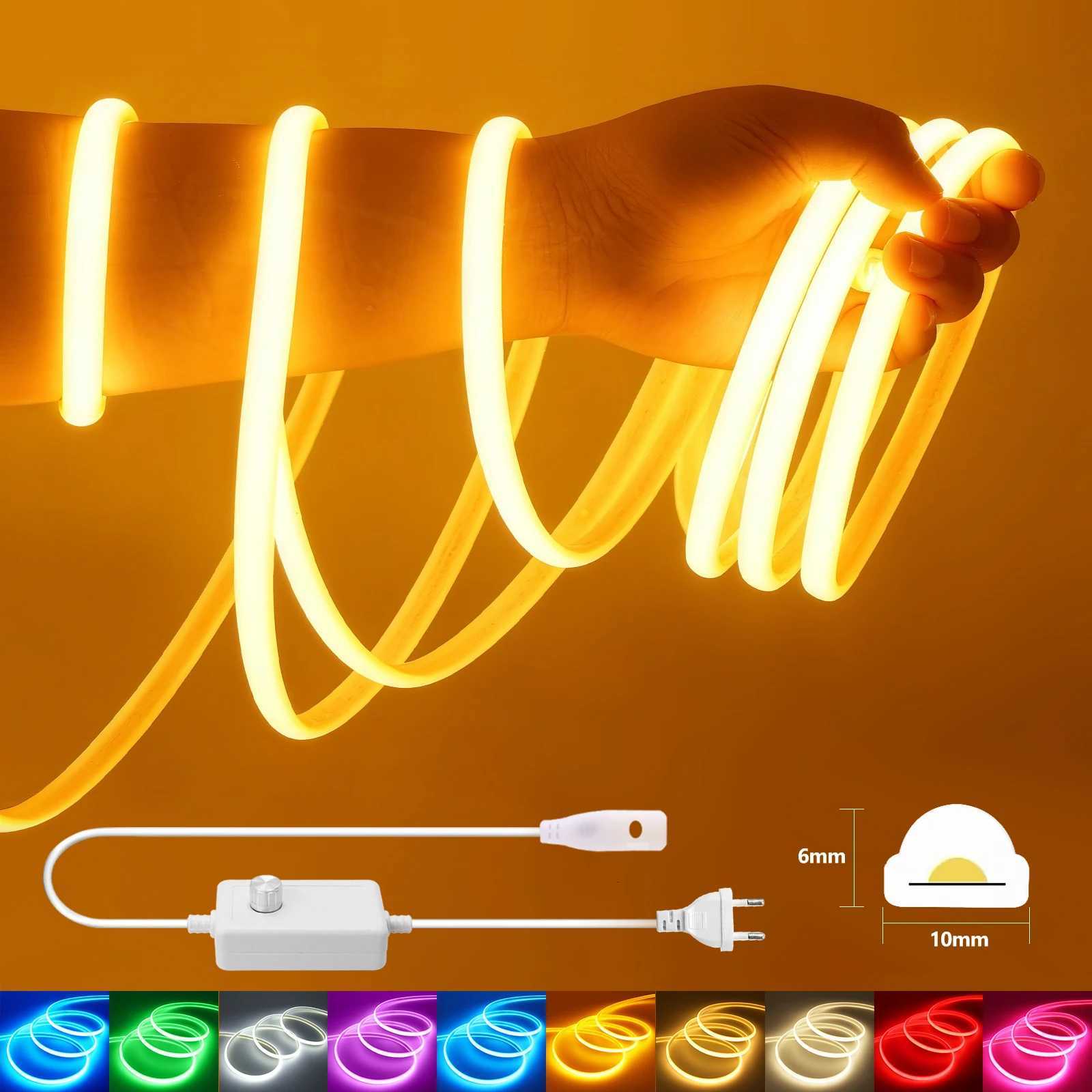 220V COB LED Light Strip IP65 Waterproof Ribbon Tape With EU Dimmer Switch Plug Flex FOB Neon Strips For Home Garden Lighting W251112