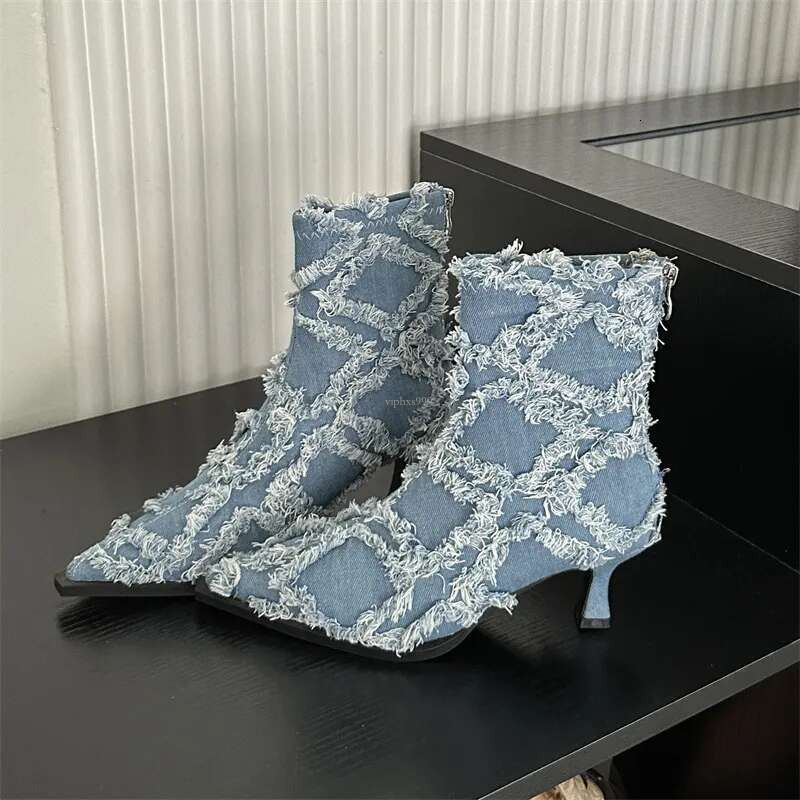 New Free Shipping Designer Shoes Spicy Girl Temperament Pointed Denim Tassel Fashion Thin Heel Martin 2025 Autumn/winter Embroidered Knight Boots