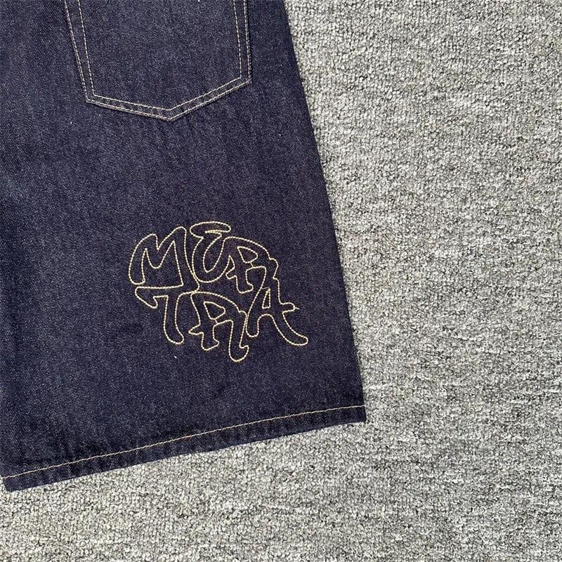 Men's Jeans Embroidered Men Women 1:1 Quality Streetwear Navy Blue Oversized Denim Shorts