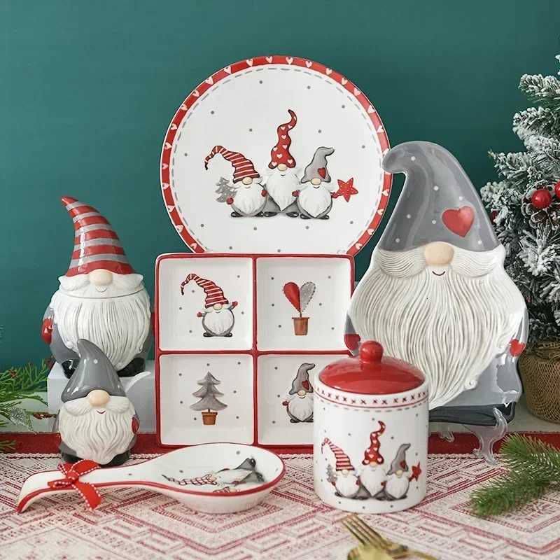 Christmas Christmas Day Cutlery Set Santa Claus Dish Embossed Rice Salad Bowl Ceramic Flat Plate Cup Teapot Christmas Tree Tableware Gift Y251113