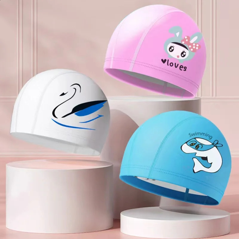 childrens swimming cap for boys and girls cartoon fashion PU waterproof ear protection student swimming cap 250411