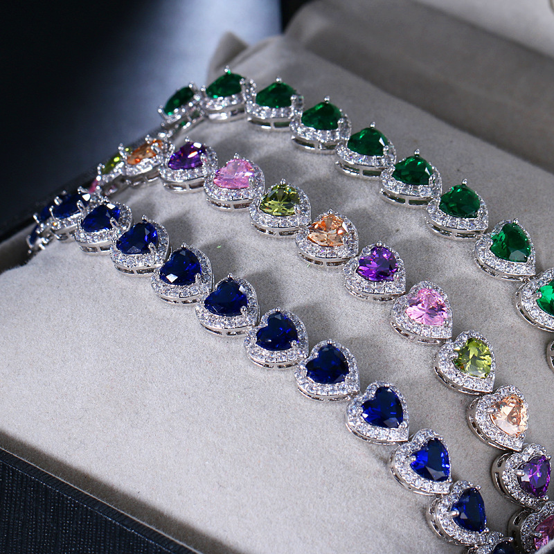 9mm Colorful Heart Shape Tennis Chain Bracelet Cubic Zirconia Women Jewelry Gift