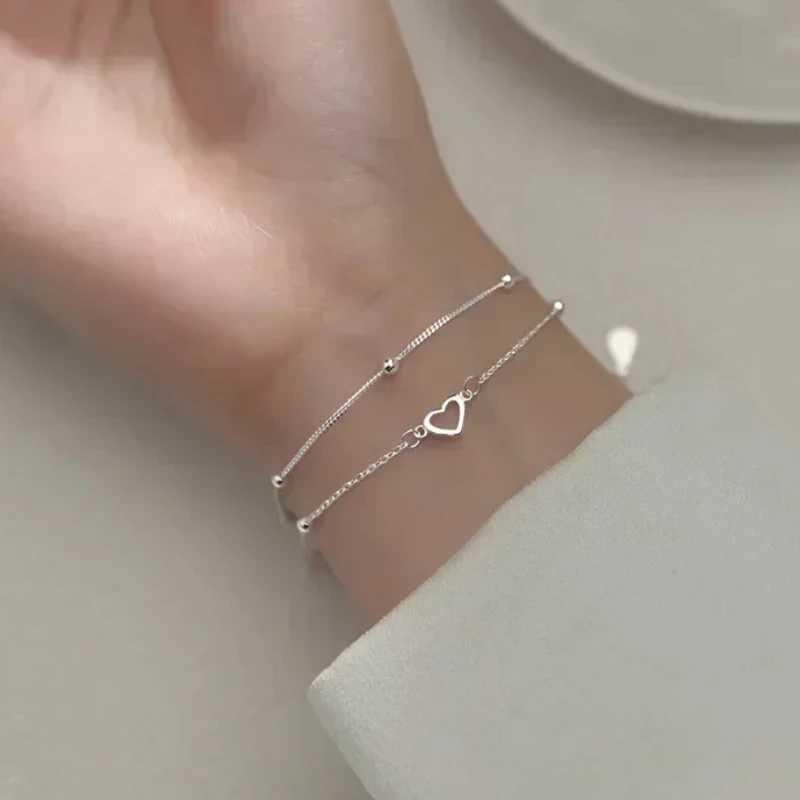 925 Sterling Silver Double Love Heart Hollow Round Beads Bracelet Female Fashion Romantic Jewelry Classic Adjustable GiftsC250411