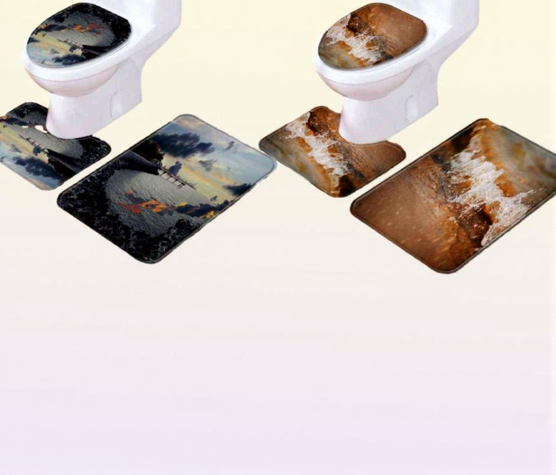 Thregost 3Pcsset Scenic Pattern Bath Mat Toilet Rug Bathroom Soft Absorbent Mats Microfiber Shower Tub Rugs Toilet Floor Carpet L