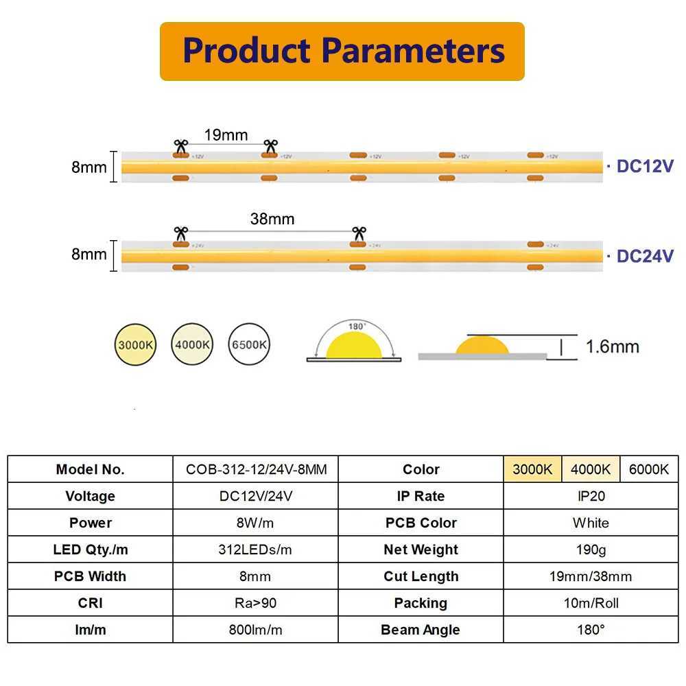 DC12V 24V COB LED Dimmable Strip Light 312 LEDs/m High Density Flexible Tape Strip RA90 3000K 4000K 6000K for Room Decor Lights W251112