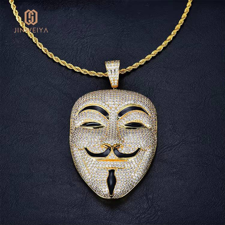 JWY Custom 18K Gold Plated Brass CZ Vendetta Smile Face Hip Hop Rap Man Pendant Necklace with Zircon Main Stone