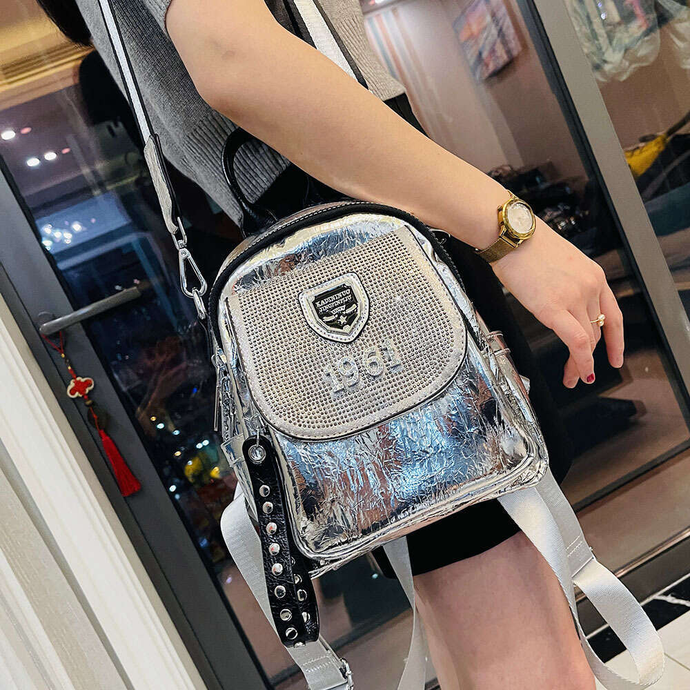 Backpack Hot Diamond Multi purpose for Women New Trendy Silver Soft Leather Leisure Travel Bag Backpack