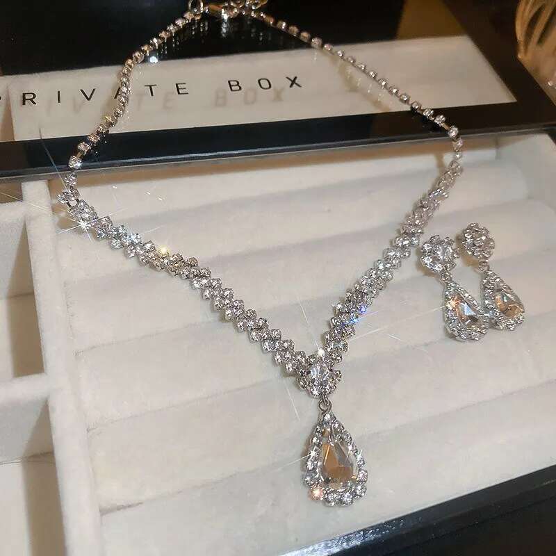 Sparkg Rhie Necklace Drop Earrings For Women Geometric Water Droplet Pendant Necklaces Wedding Bride Jewelry Sets