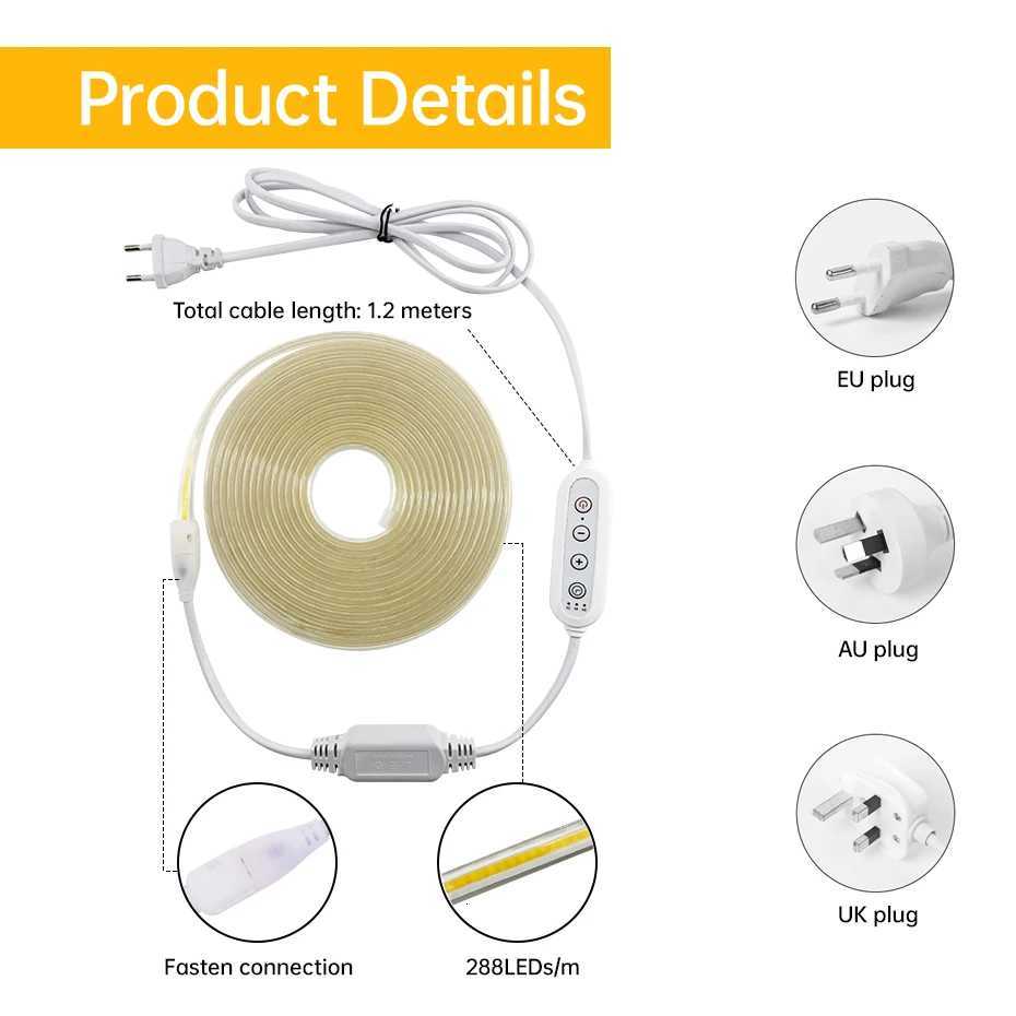 Dimmable COB LED Strip Light 220V High Bright Timing EU UK AU Plug IP65 Waterproof Led Neon Ribbon For Home Living Room Lighting W251112