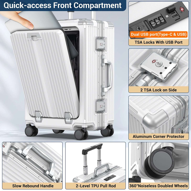 Aire Approved 22 Inch Lage,Aluminum Framed Carry On Suitcase With Front Open Laptop Compartment/Pocket