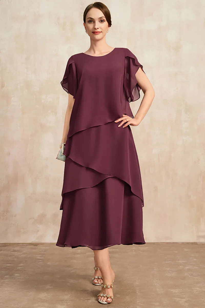 Women Plus Size Chiffon Dress Short Sleeve Elegant O-Neck Solid Party Irregular Layered Petal Sleeve Summer Fashion Maxi Dress 250410