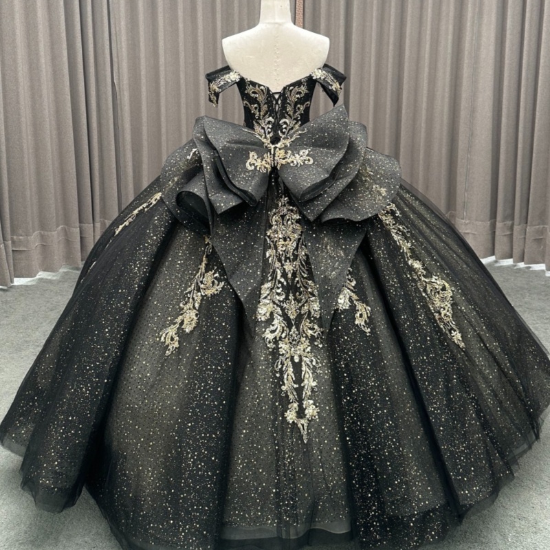 Black Shiny Princess Quinceanera Dresses Off Shoulder Applique Lace Beads Bow Tull Corset Sweet 16 Dress Ball Gown Vestidos 15 Anos
