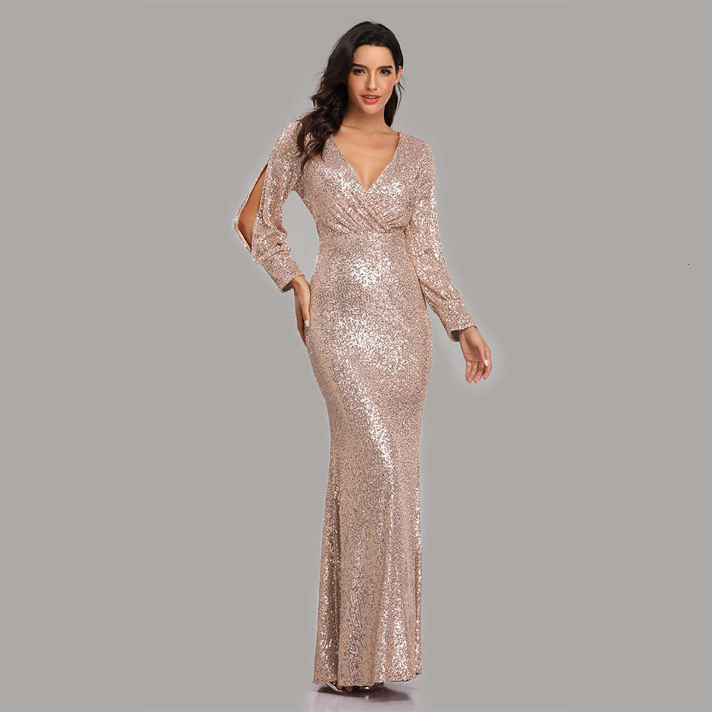 Designer Spring And Autumn Hot Selling Dresses Multi Color Large Size Long Sleeved V-Neck Sequin Fish Tail Evening Dress For Women