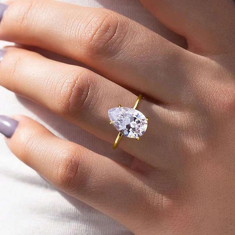 GRA Pear Shaped Zircon Gorgeous Big Water Drop White Stone Gold Rings for Women Real 925 Sterling Silver Luxury Quality Jewelry