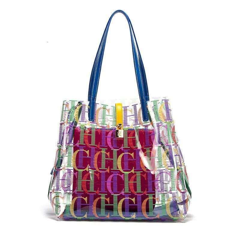 CHHC Macaron Colored Women's Large Capacity Handbag Transparent PVC Letter Printed Shopping Mother Bag