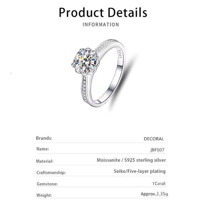 Waterproof Jewelry D Color 1Carat Sparkling Moissanite with GRA Certificate 925 Sterling Silver Moissanite Ring for Women