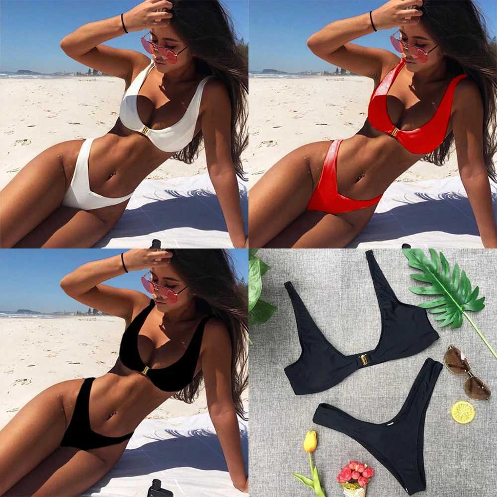 Solid Color V Thong Beach Wear Low Waist Swimwear Swimsuit Set Women Bikini Set Bathing SuitW251113