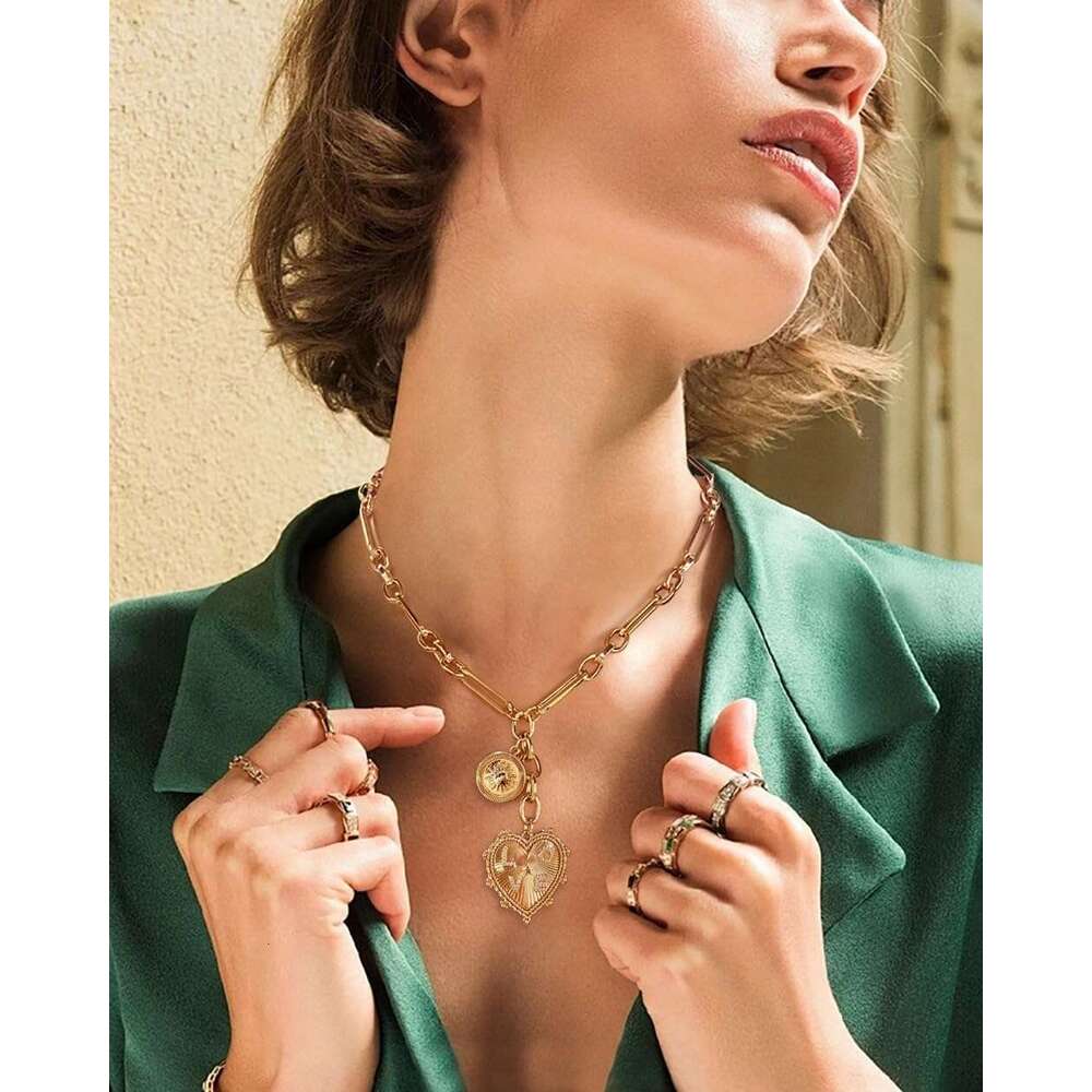 18K Gold Plated Coin Lion Head Pendant Chunky Paperclip Choker Necklace Gifts On Birthday Holidays For Women