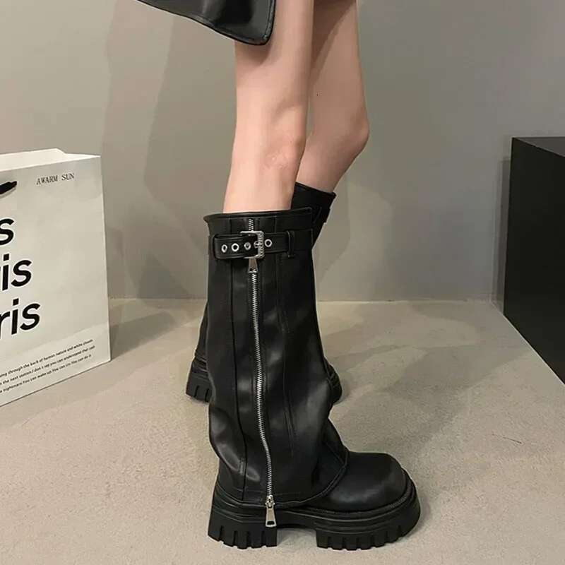 Winter Women Biker Boots Fashion Belt Buckle Ladies Elegant Platform Long Pipe Casual Women's Knee High Booties
