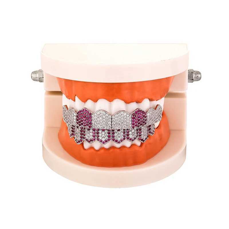 Hip Hop Colored Zircon Pave Sparkling Ice Out Flat Teeth Grillz Top Bottom CZ Dental Grill Male Rapper Jewelry Gold SilverXJ250412