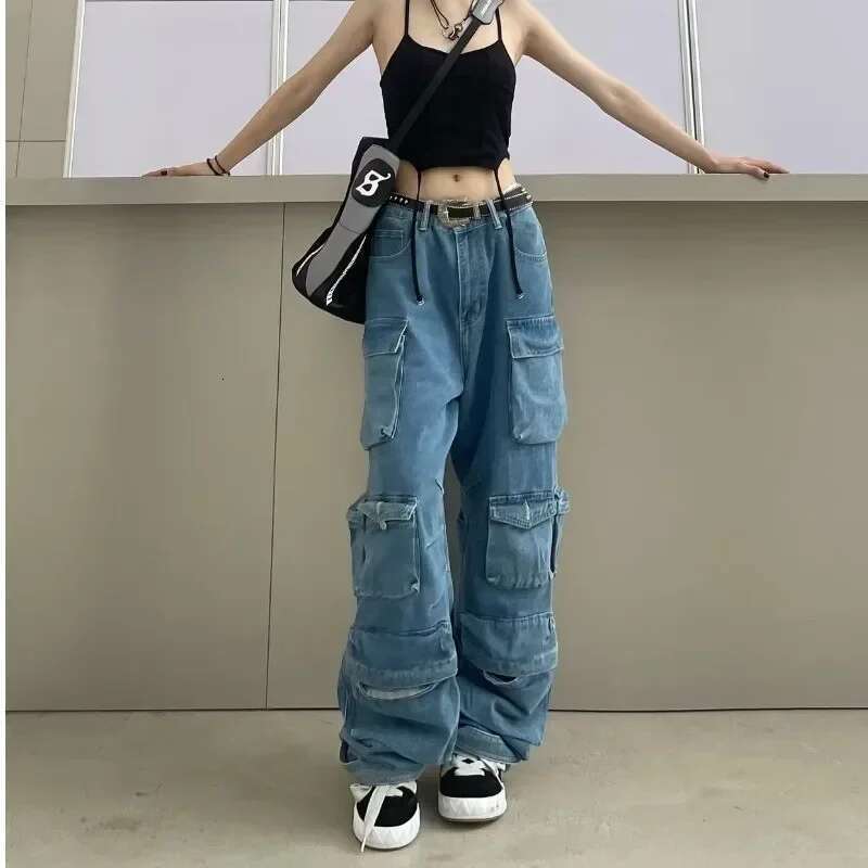 Multi-Pocket Blue Washed Cargo Y2k Retro Street Fashion High Waist Jeans Couple Haruku Simple Casual Wide Leg Pants