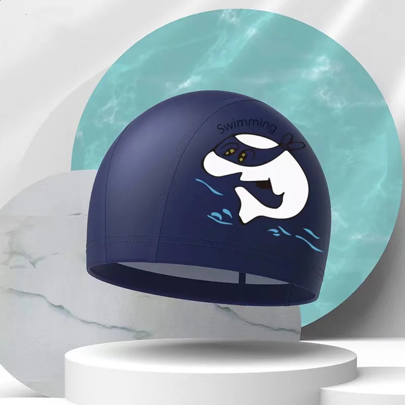 childrens swimming cap for boys and girls cartoon fashion PU waterproof ear protection student swimming cap 250411