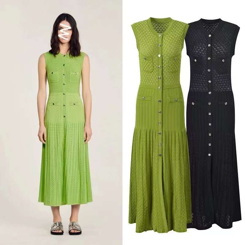Designer 2025 Summer French Socialite Style Design New Sleeveless Waist Cinching Temperament Commuting Knit Mid Length Dress