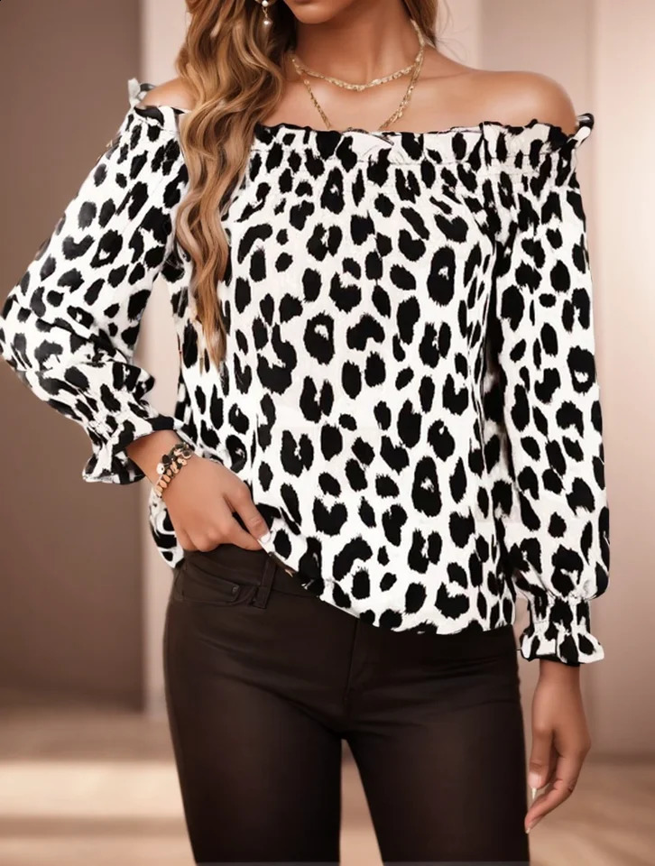 Womens springsummer casual leopard print single shoulder long sleeved Tshirt 250407