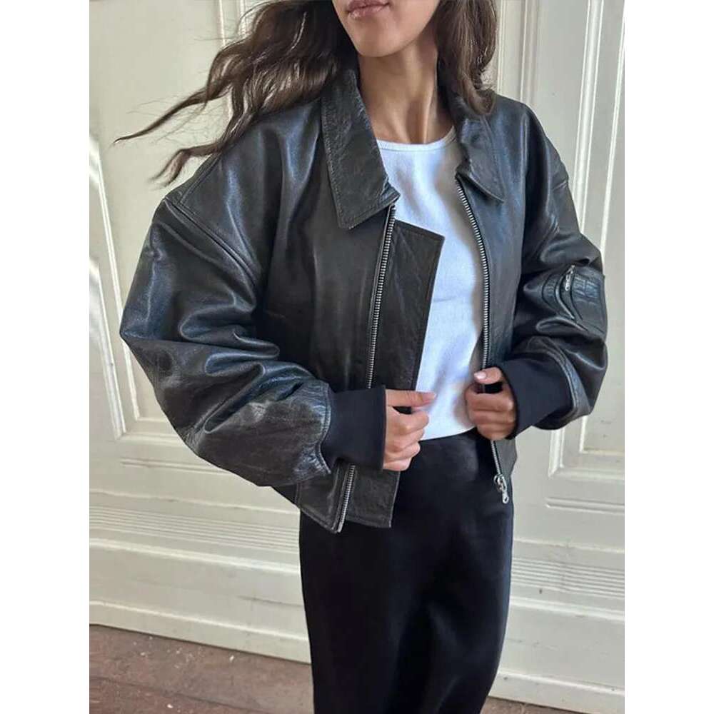 Designer Clothes Women Zipper Leather Bomber Jacket Loose Turn-Down Collar Vintage Pocket Short Outwear Long Sleeve Street Motorcycle Spring Coat