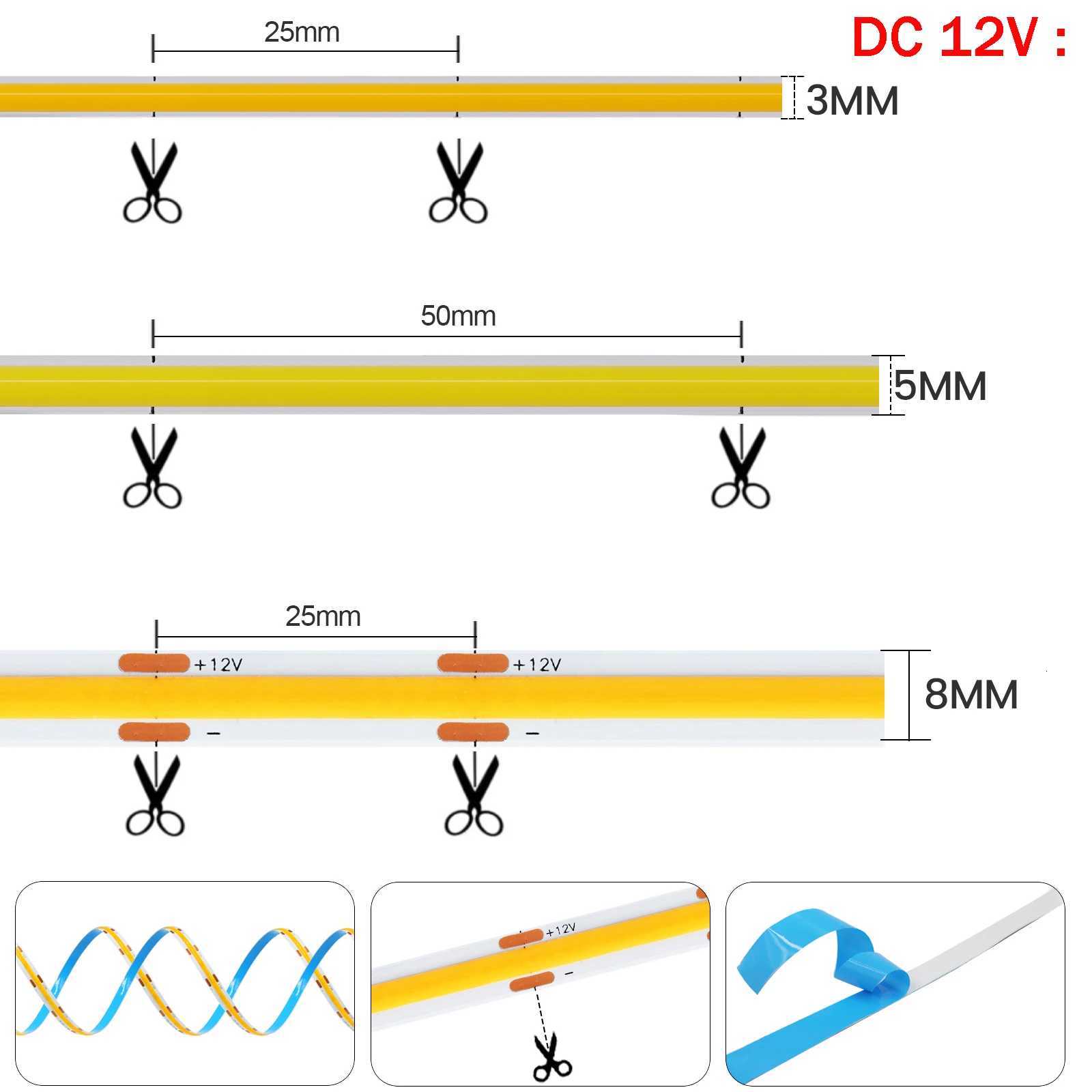 3MM 5MM 8MM Width COB LED Strip 5V 12V 24V 320LEDs Flexible LED Tape Ribbon with Adhesive High Density Linear Lighting W251112