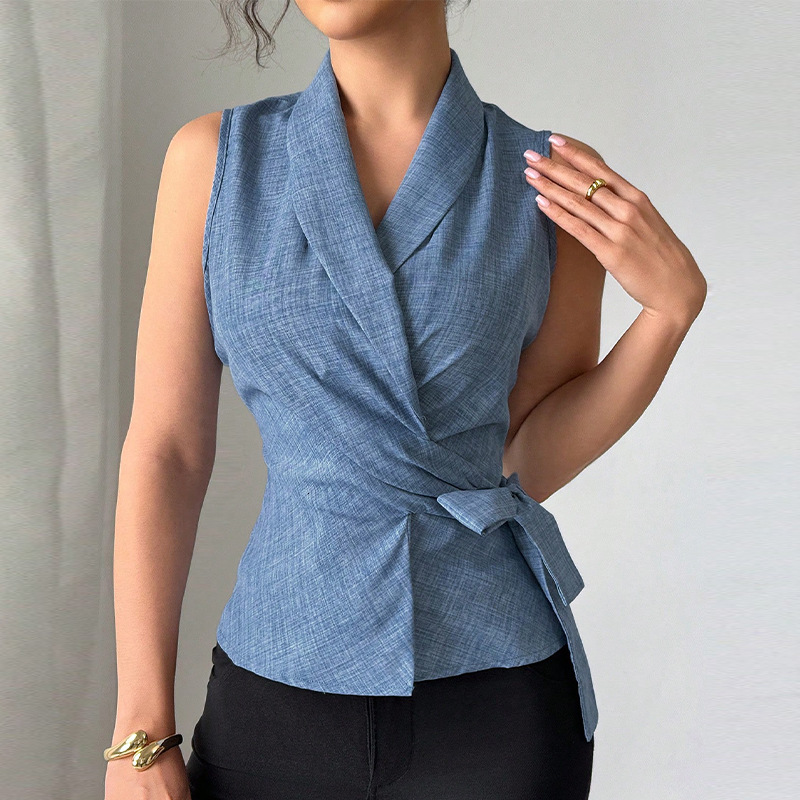 Wind sleeveless shirt 2025 summer temperament slim fit strap shirt cardigan womens clothing