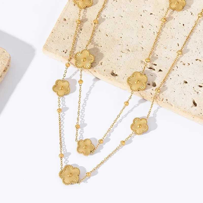 Luxury Fashion Double-Sided Laser Five-Leaf Flower Stainless Steel Double Necklace Women Gold Sweater Chain Party Daily Jewelry