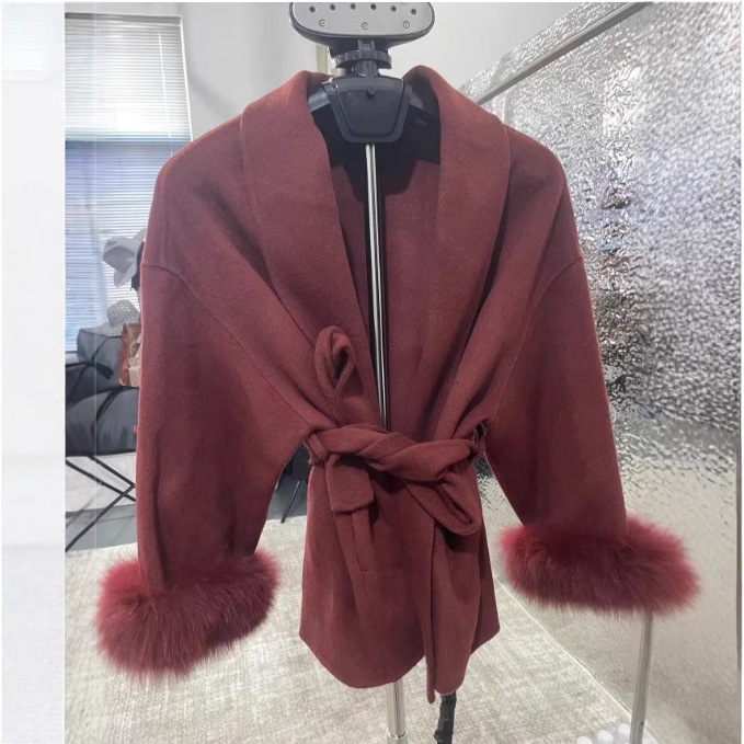 GENHUA Autumn Winter Jacket Women Natural Fox Fur Collar Thickened Warm Cashmere Wool Doublesided Coat Fashion Vneck Commuting 250915