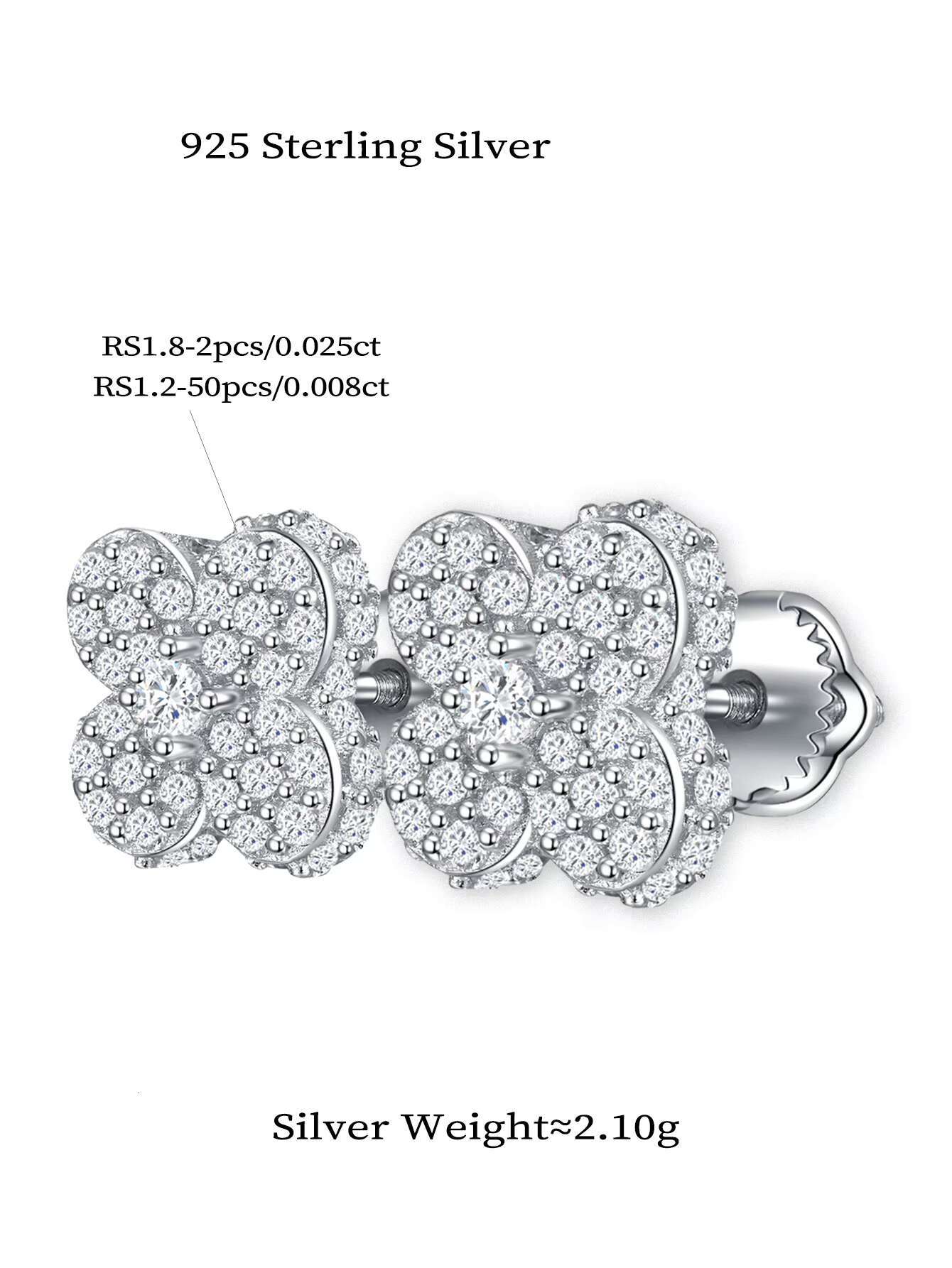 Hip Hop 925 Sterling Silver Stud Earrings with Iced Moissanite Lucky Four Leaf Clover Design for Womens Wedding Jewelry