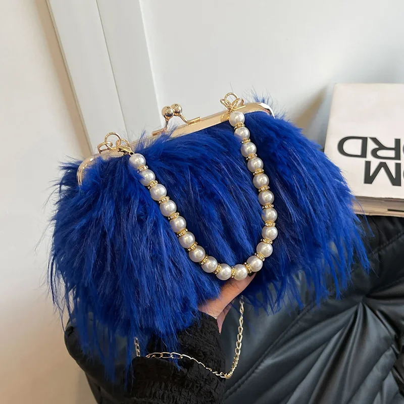 Beading Chain Womens Evening Plush Handbags Faux Fur Tassel Ladies Shoulder Bag Elegant Female Crossbody Bags Party Furry Purse 251110