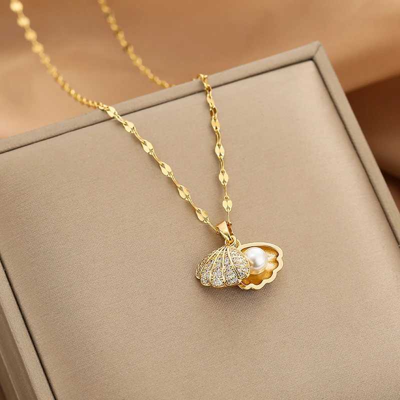 Summer Fashion Crystal Zircon Shell Imitation Pearl Pendant Necklace For Women Collar Beach Neck Jewelry Z250412