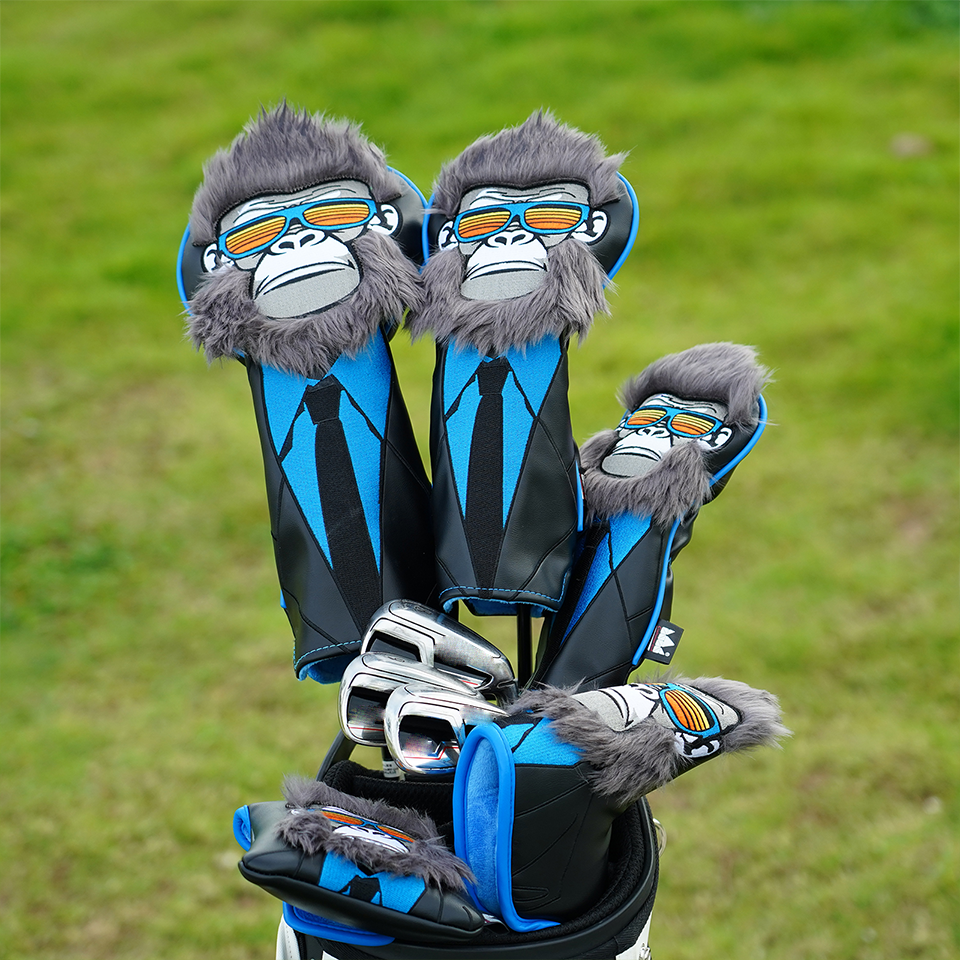 Golf Headcover Set Black Suit Sunglasses Monkey Driver Fairway Hybrid Head Cover Square Mallet Blade Putter Wood Cover Club Golf Head Cover Driver Cov