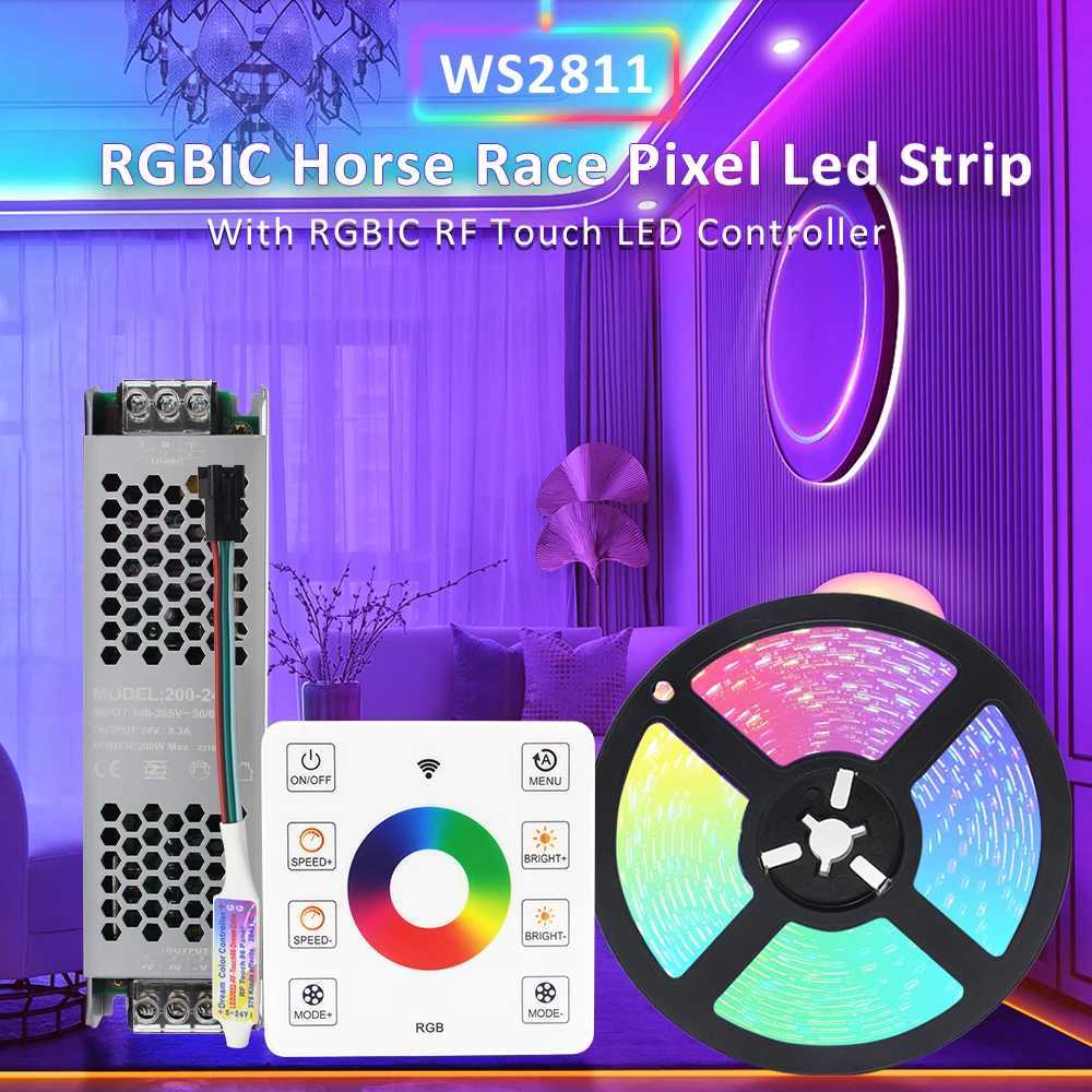5M 10M 20M RGBIC Horse Racing LED Light Strips 24V WS2811 Pixel Flex Ribbon Running Water Flow Tape Lamp Wireless Remote Control W251112