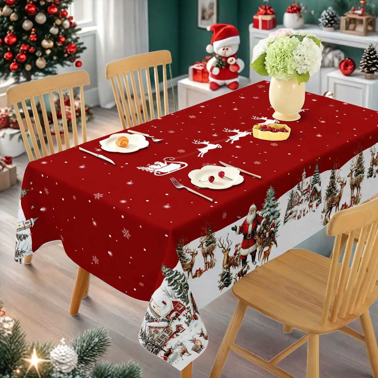 Christmas 2026 Christmas Table Cloths Red Christmas Tree Printed Waterproof Oilproof for Home Ornament Xmas New Year Christmas Decoration Y251113