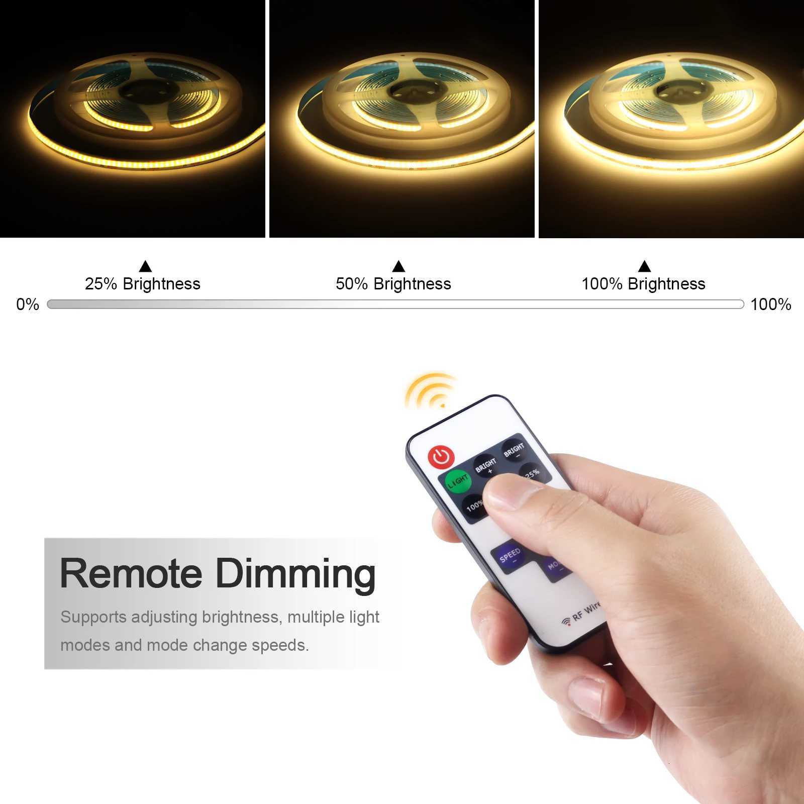 DC5V COB LED Strip with Dimmable Remote Control 2/3/5M White/Warm White COB Strip Light For Indoor Home Cabinet Decor Lighting W251112